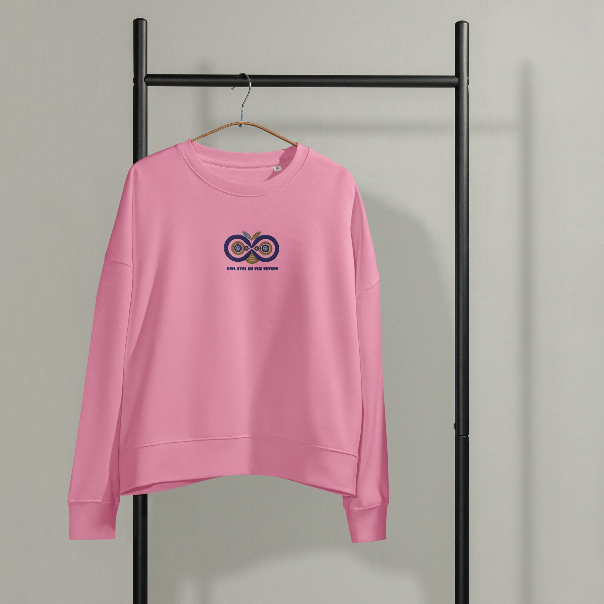 Women’s Organic Crew Neck Sweatshirt: Owl Eyes on the Future | Owl Embroidered Sustainable Fashion USA Dudeily