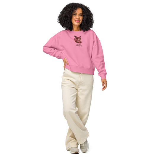 Women’s Organic Crew Neck Sweatshirt: 'Silent Watcher' in Fall | Sustainable Owl Fashion USA Bubble Pink Dudeily