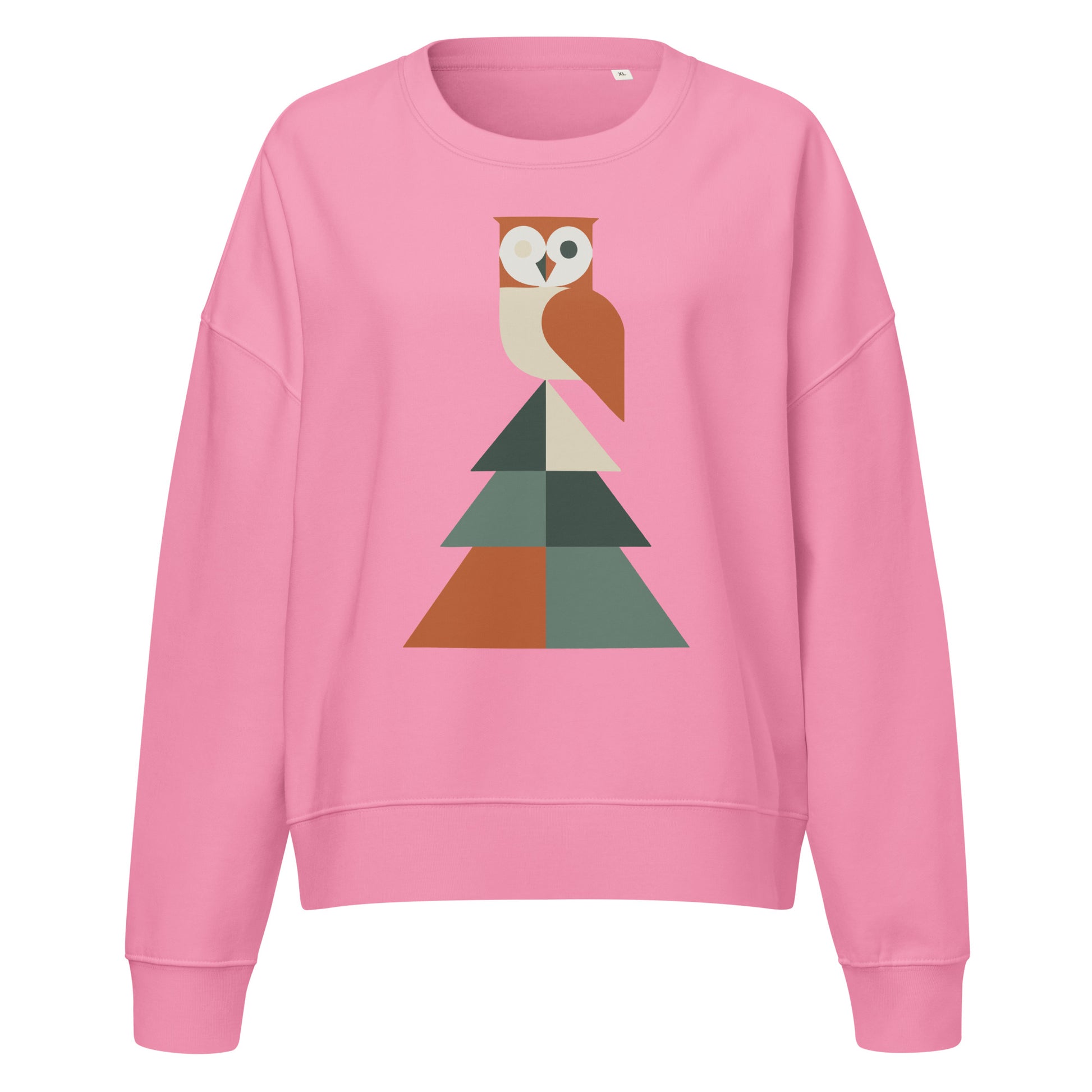 Women’s Organic Crew Neck Sweatshirt: Eco-Friendly Owl Print Sustainable Winter Wear Bubble Pink Dudeily