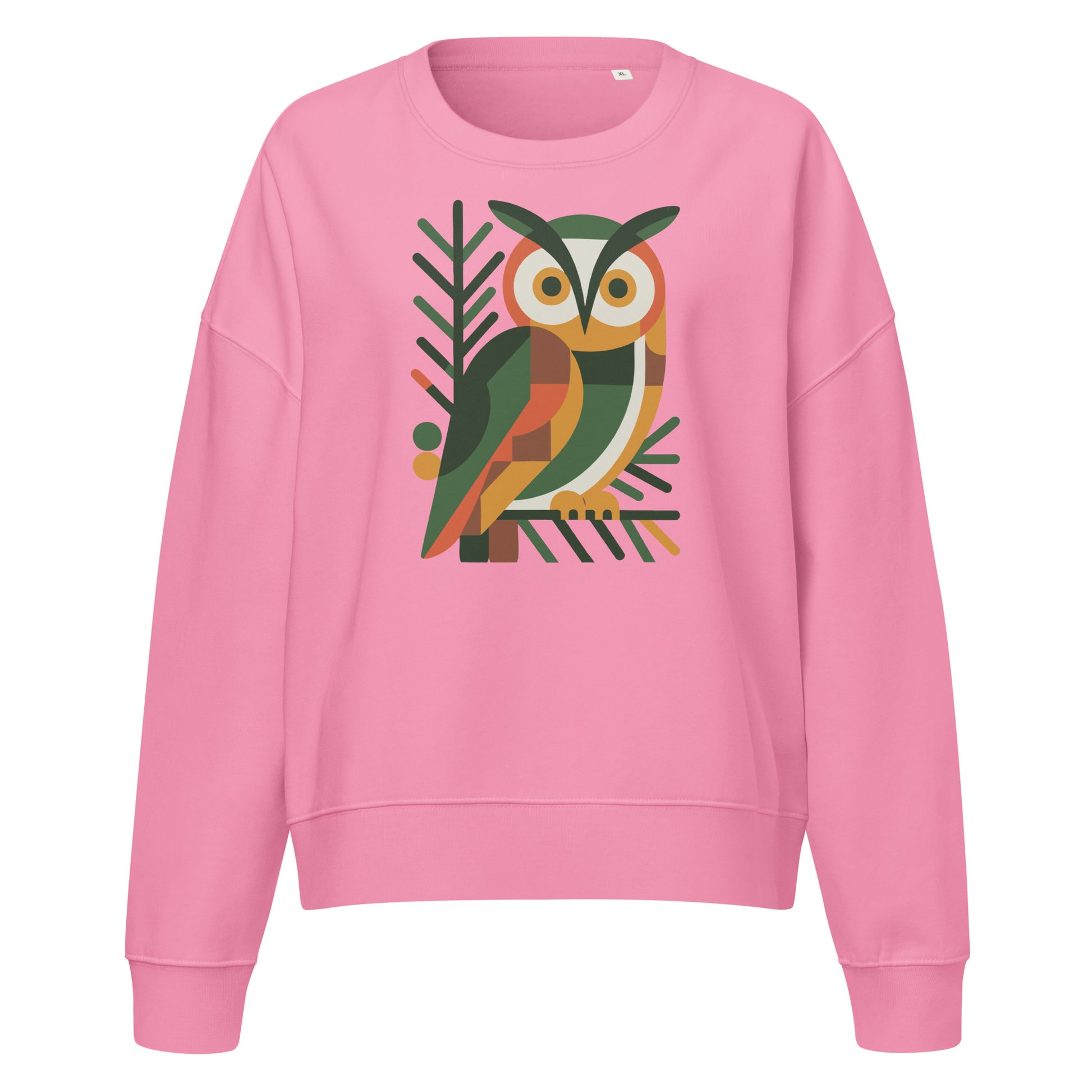Women’s Organic Crew Neck Sweatshirt: Eco Owl Print Sustainable Cozy Fashion Wear Bubble Pink Dudeily