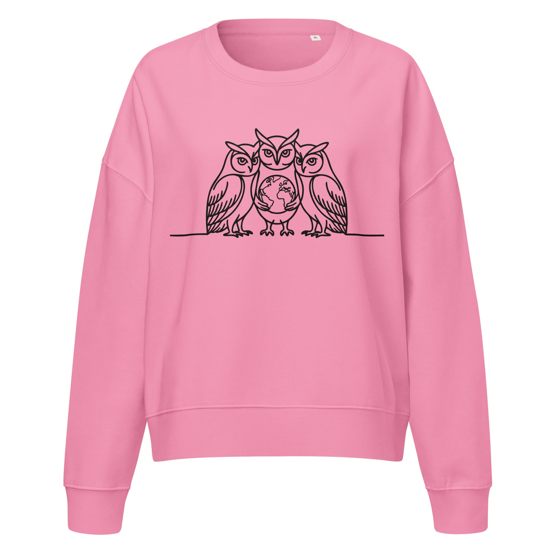 Women’s Organic Crew Neck Sweatshirt – Minimal Owl Print | Eco-Friendly Owl Clothing Bubble Pink Dudeily