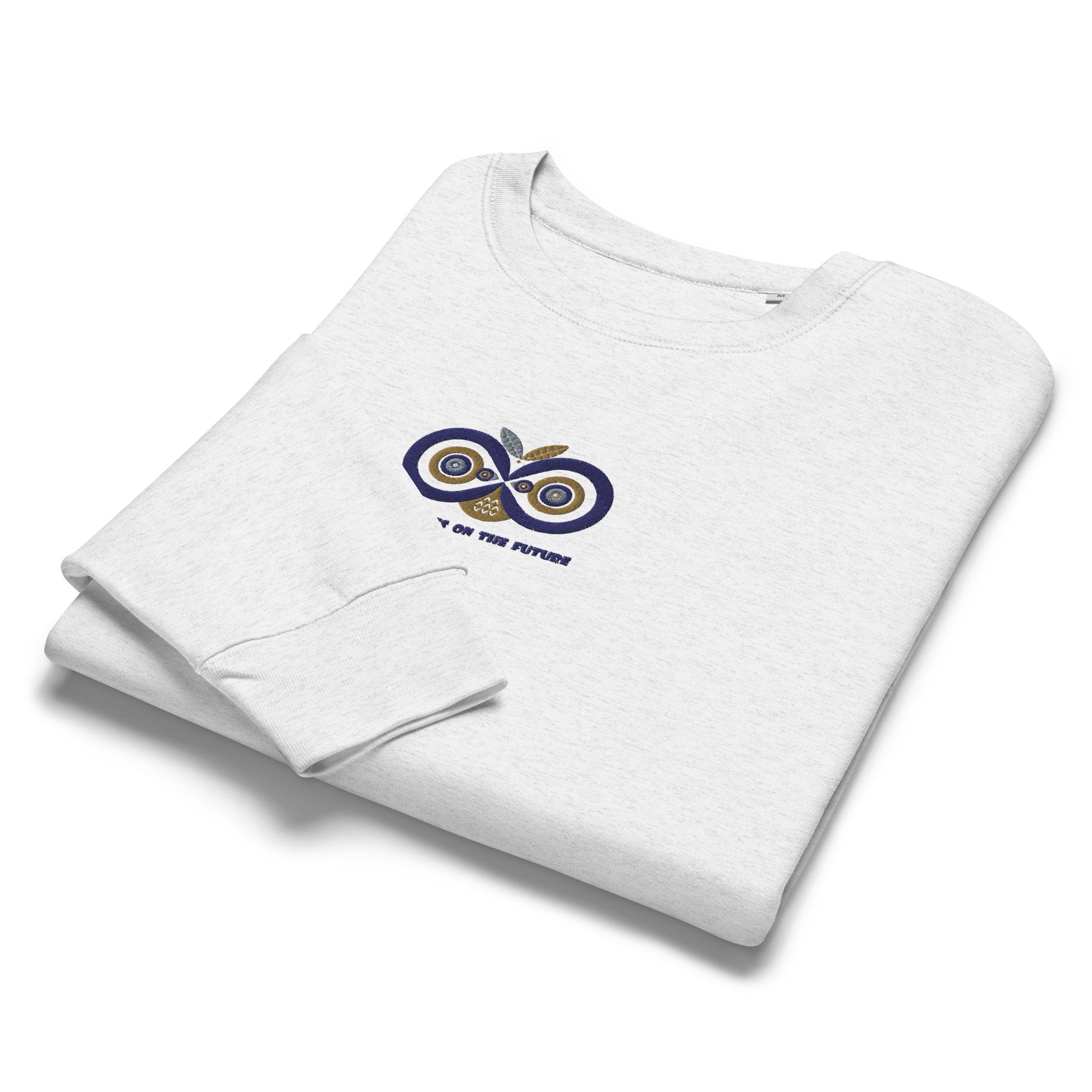 Women’s Organic Crew Neck Sweatshirt: Owl Eyes on the Future | Owl Embroidered Sustainable Fashion USA Dudeily