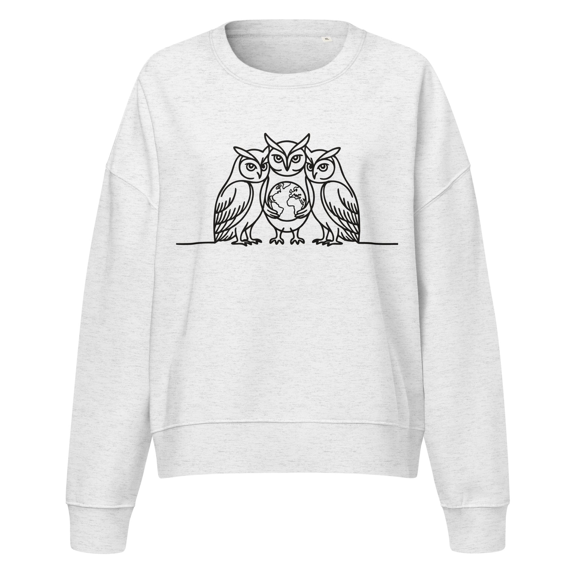 Women’s Organic Crew Neck Sweatshirt – Minimal Owl Print | Eco-Friendly Owl Clothing Cool Heather Grey Dudeily