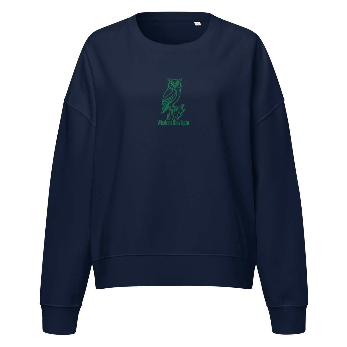 Owl Women’s Organic Crew Neck Sweatshirt: 'Wisdom Flies Light' in Fall | Sustainable Fashion USA Dudeily