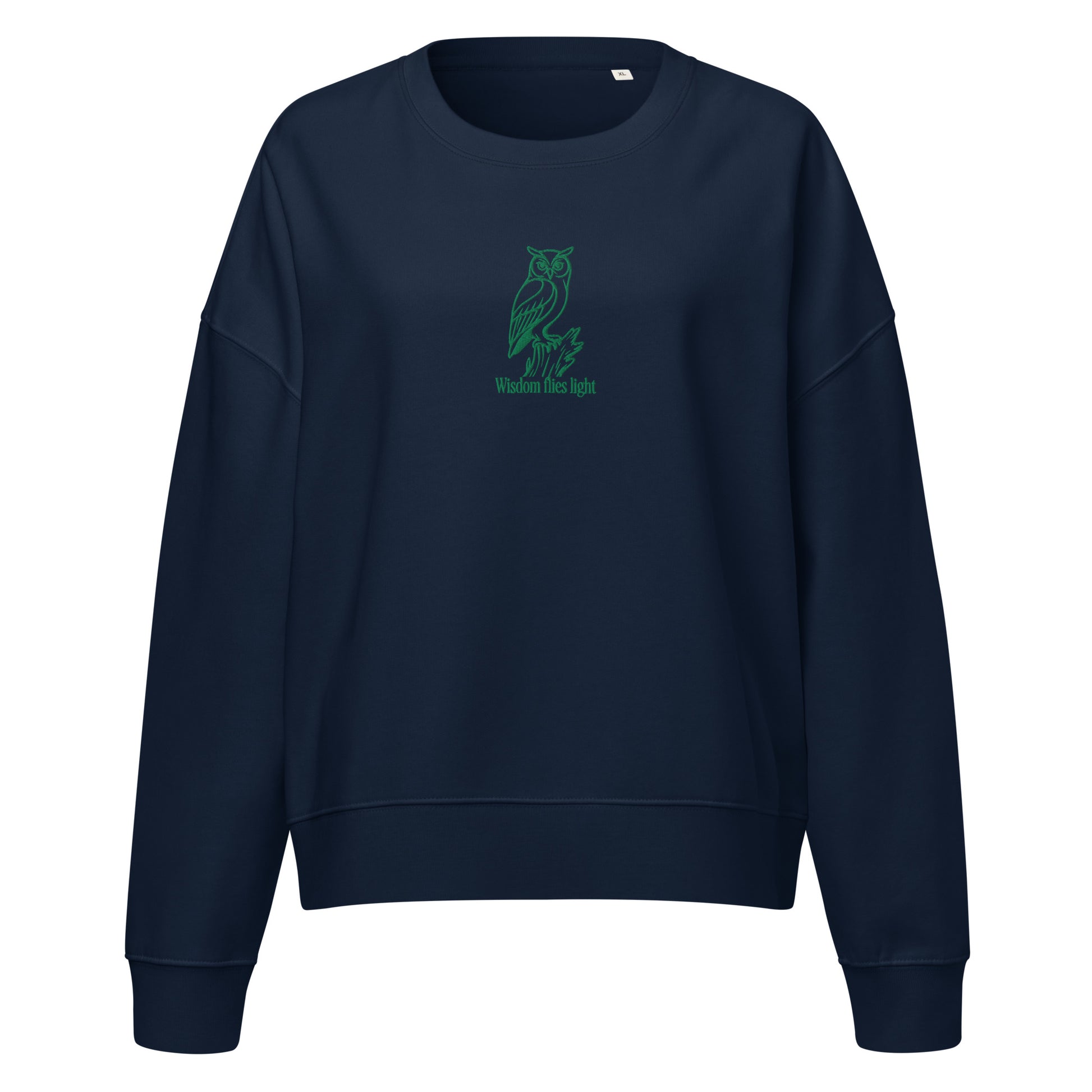 Owl Women’s Organic Crew Neck Sweatshirt: 'Wisdom Flies Light' in Fall | Sustainable Fashion USA Dudeily