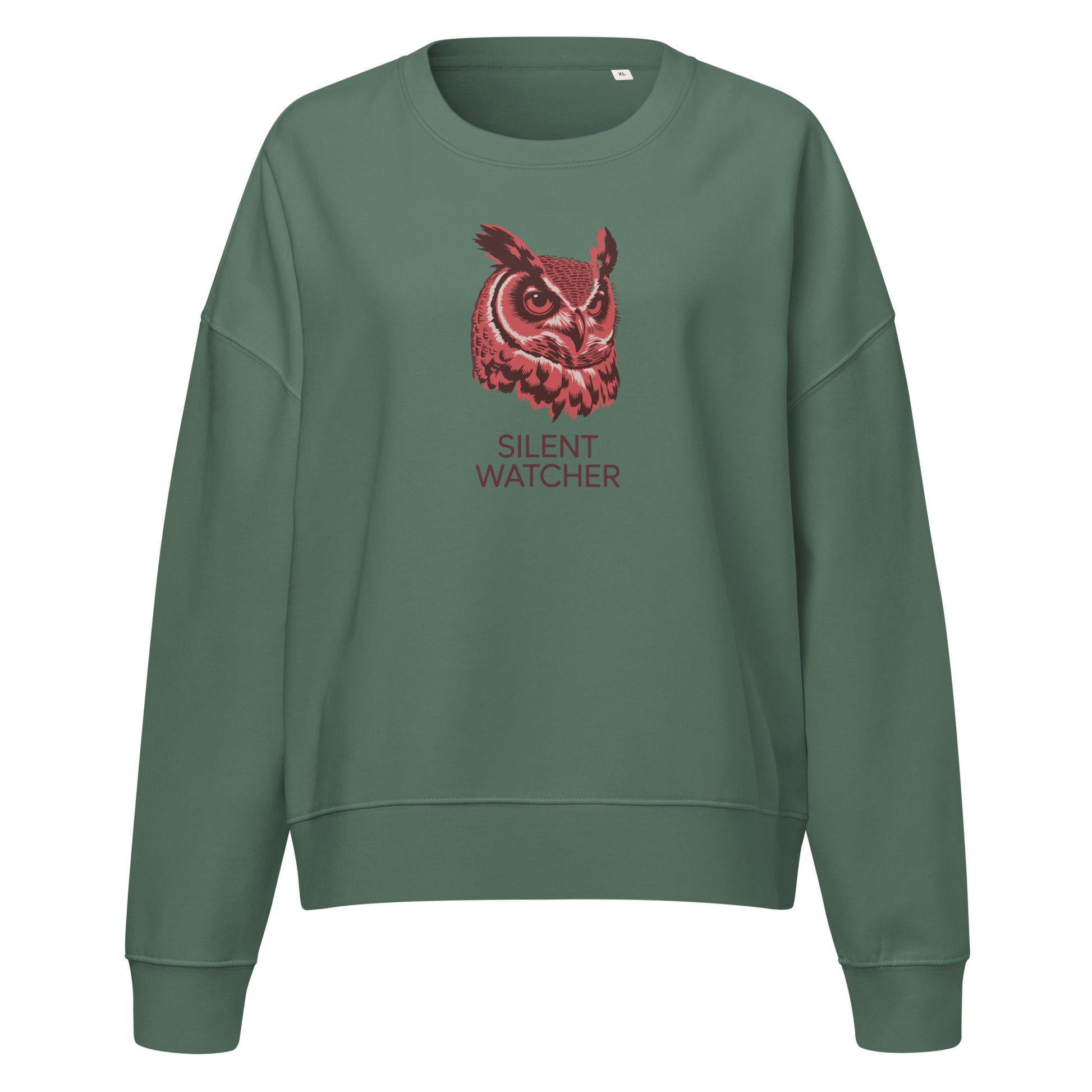 Women’s Organic Crew Neck Sweatshirt: 'Silent Watcher' in Fall | Sustainable Owl Fashion USA Dudeily