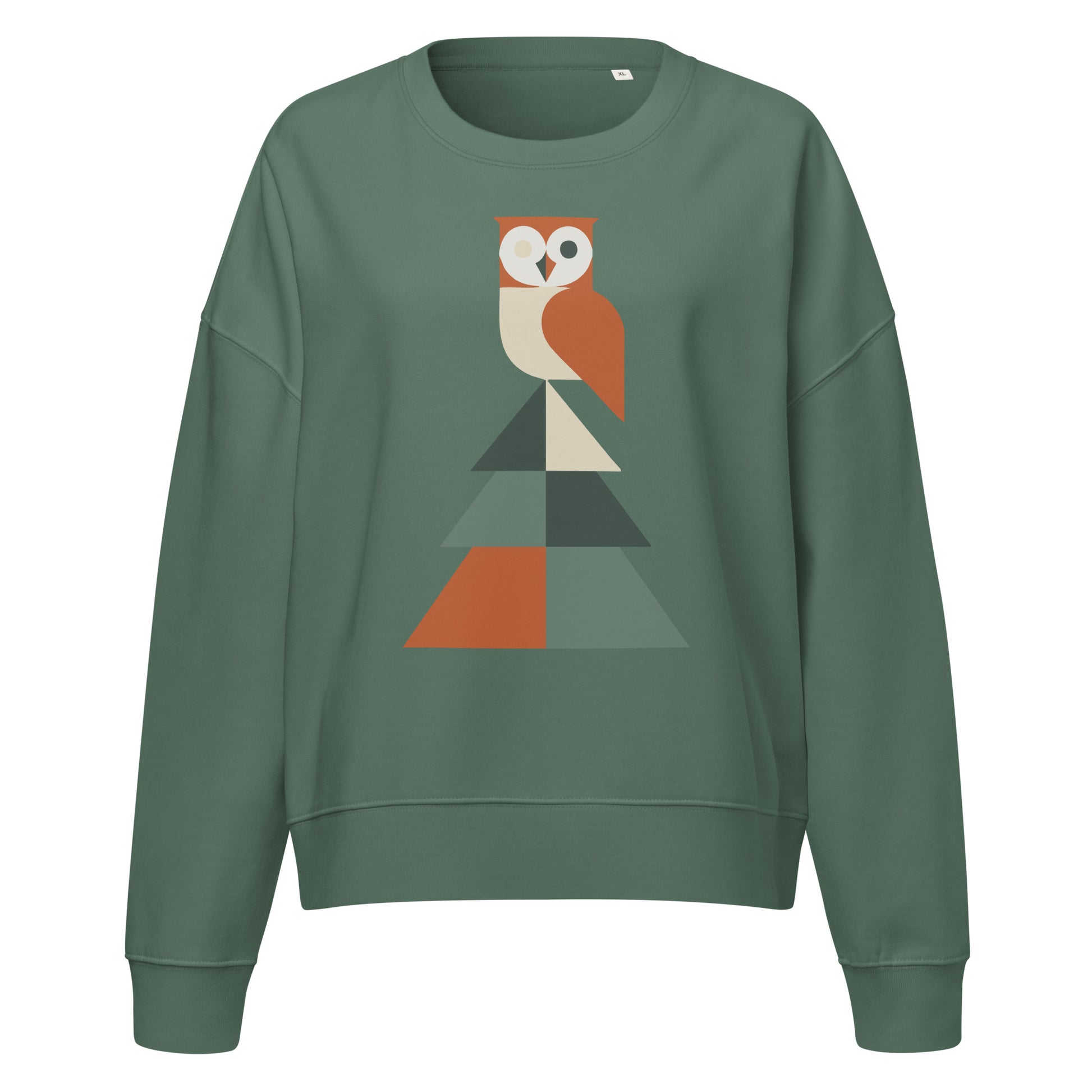 Women’s Organic Crew Neck Sweatshirt: Eco-Friendly Owl Print Sustainable Winter Wear Green Bay Dudeily