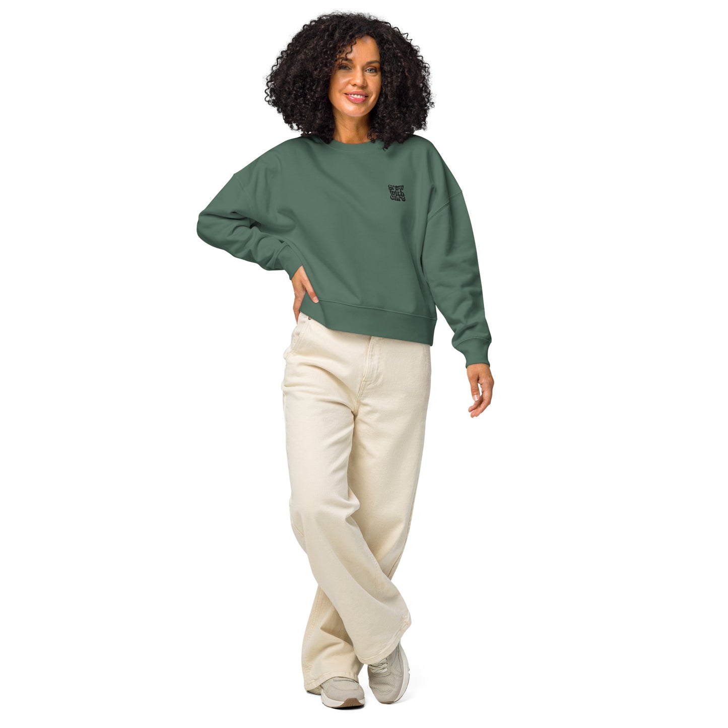 Women’s Organic Crew Neck Sweatshirt "Grow With Care" – Embroidered Eco-Friendly Owl Clothing Dudeily