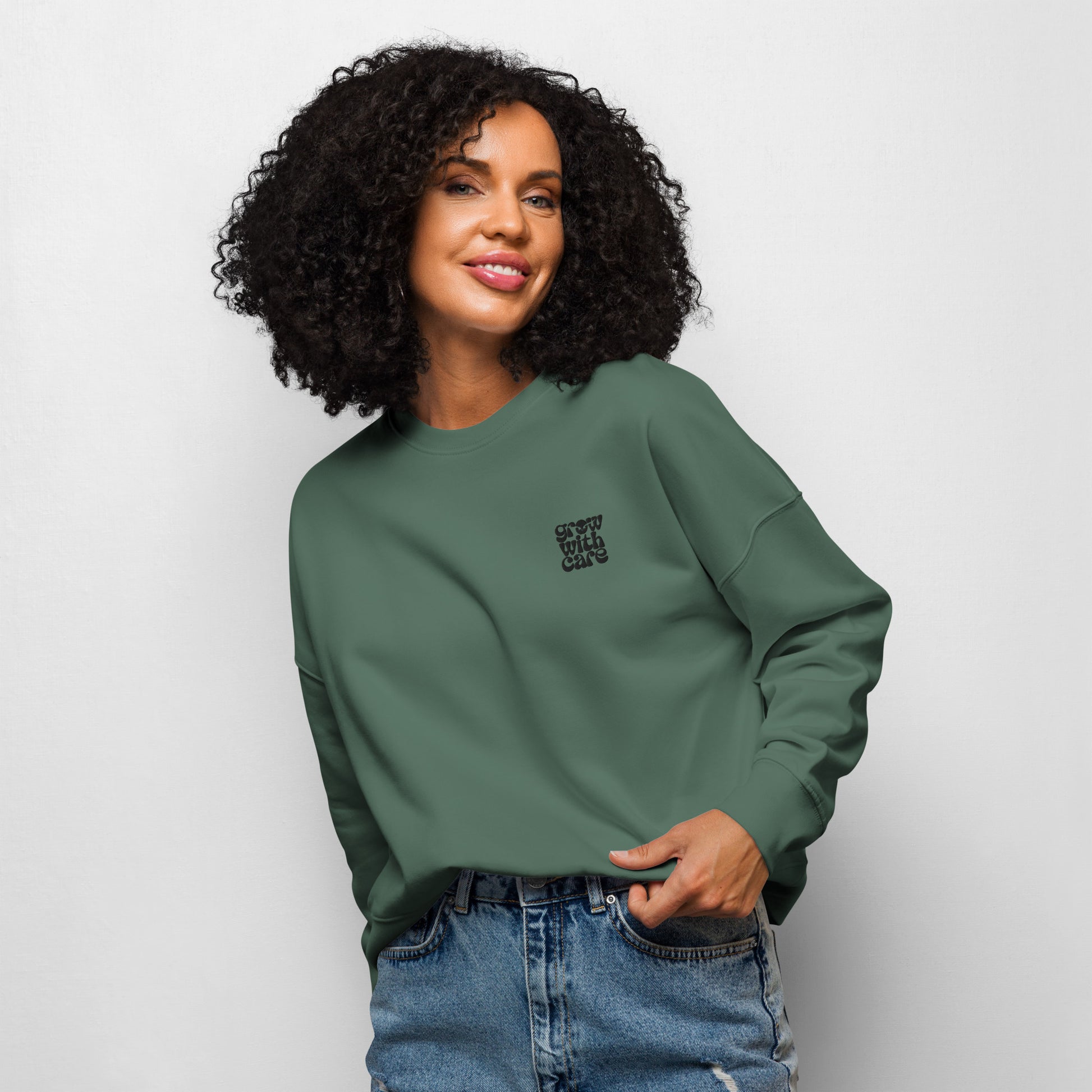 Women’s Organic Crew Neck Sweatshirt "Grow With Care" – Embroidered Eco-Friendly Owl Clothing Dudeily