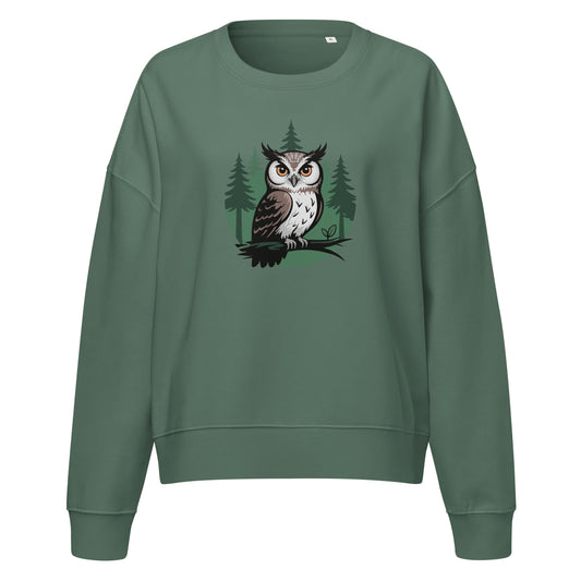 Women’s Organic Crew Neck Sweatshirt – Forest Owl Print | Eco-Friendly Owl Clothing Green Bay Dudeily