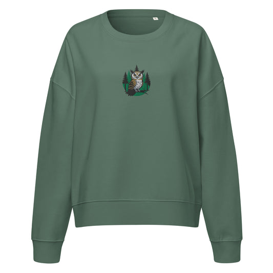 Women’s Organic Crew Neck Sweatshirt – Forest Owl Print | Eco-Friendly Owl Clothing Green Bay Dudeily