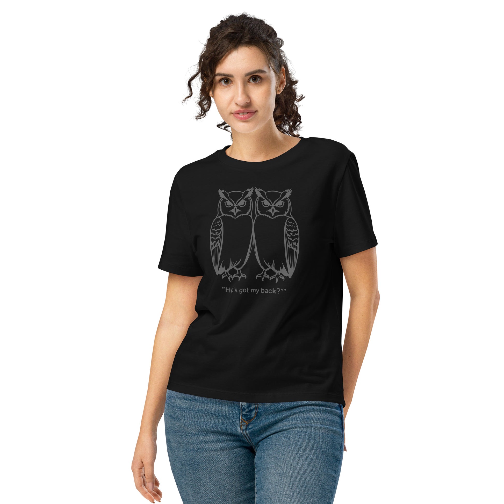 Women’s Organic Ribbed Neck T-Shirt: Hoo’s Got My Back? | Owl-Themed Sustainable Fashion USA by Dudeily Black Dudeily