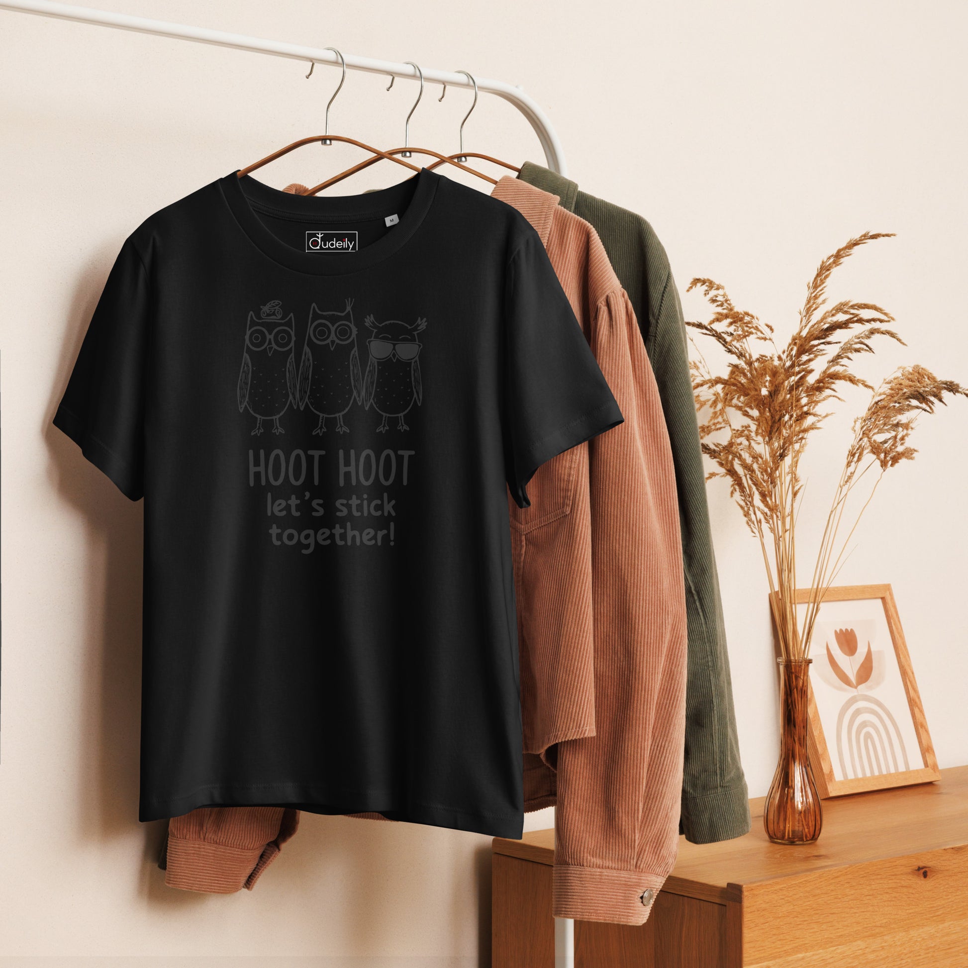 Women’s Organic Ribbed Neck T-Shirt: Hoot Hoot Let’s Stick Together! | Owl-Themed Sustainable Fashion USA by Dudeily Dudeily