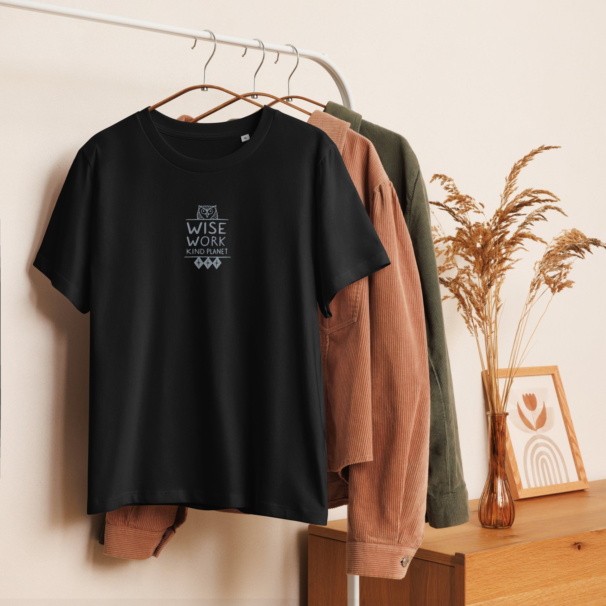 Women’s Organic Ribbed Neck T-Shirt: Wise Work, Kind Planet | Owl Embroidered Sustainable Fashion USA by Dudeily Dudeily
