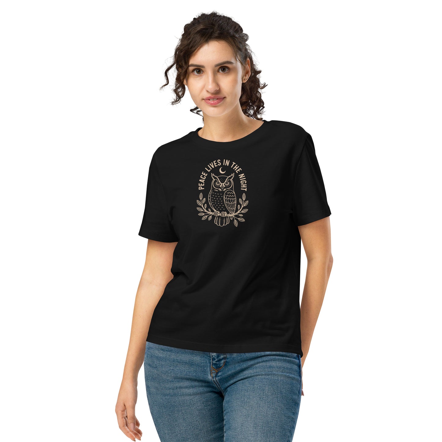 Women’s Organic Ribbed Neck T-Shirt: 'Peace in the Night' in Fall | Sustainable Owl Fashion USA Black Dudeily