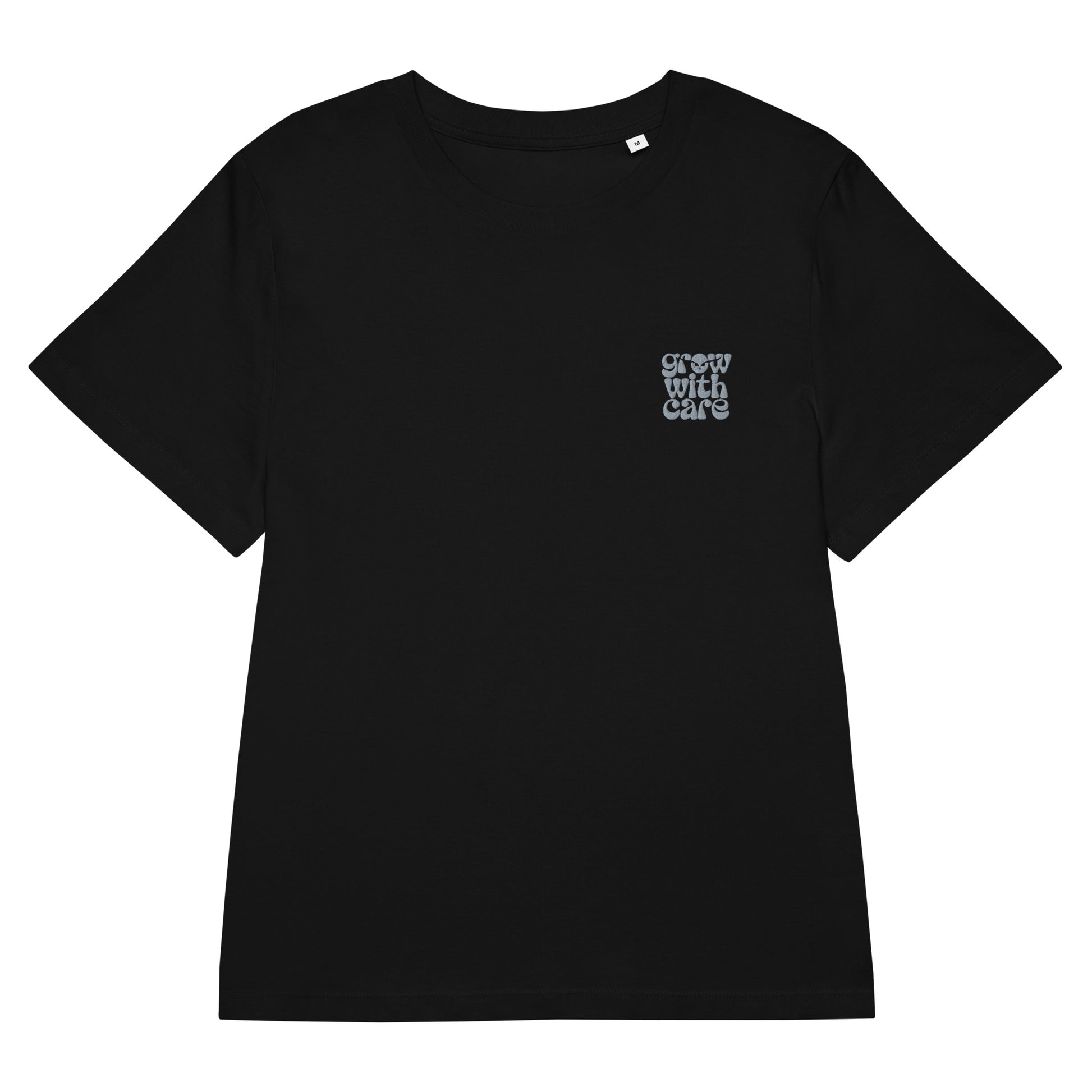 Eco-Friendly Owl Clothing Embroidered Women’s Organic Ribbed Neck T-Shirt "Grow With Care" Black Dudeily