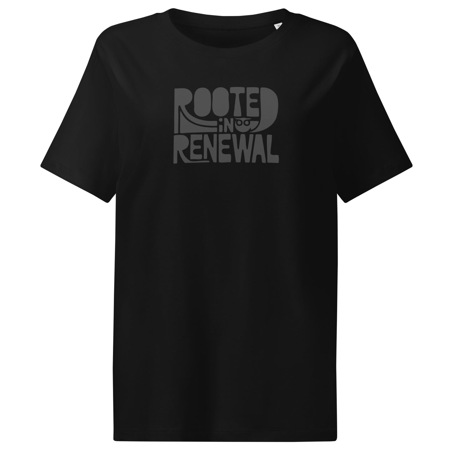 Women’s Organic Ribbed Neck T-Shirt “Rooted In Renewal” – Sustainable Owl Print Tee Black Dudeily
