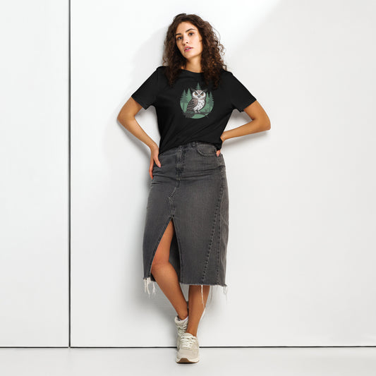 Women’s Organic Ribbed Neck T-Shirt – Earth Owl Print | Eco-Friendly Owl Clothing Dudeily