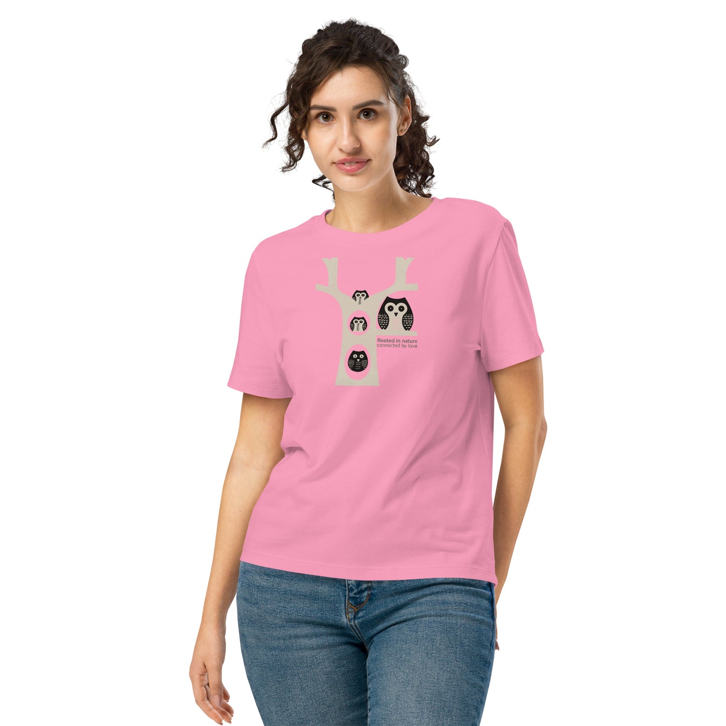 OwlGrace Women’s Organic Ribbed Neck T-Shirt – Sustainable Fashion USA | Family Day Edition Bubble Pink Dudeily