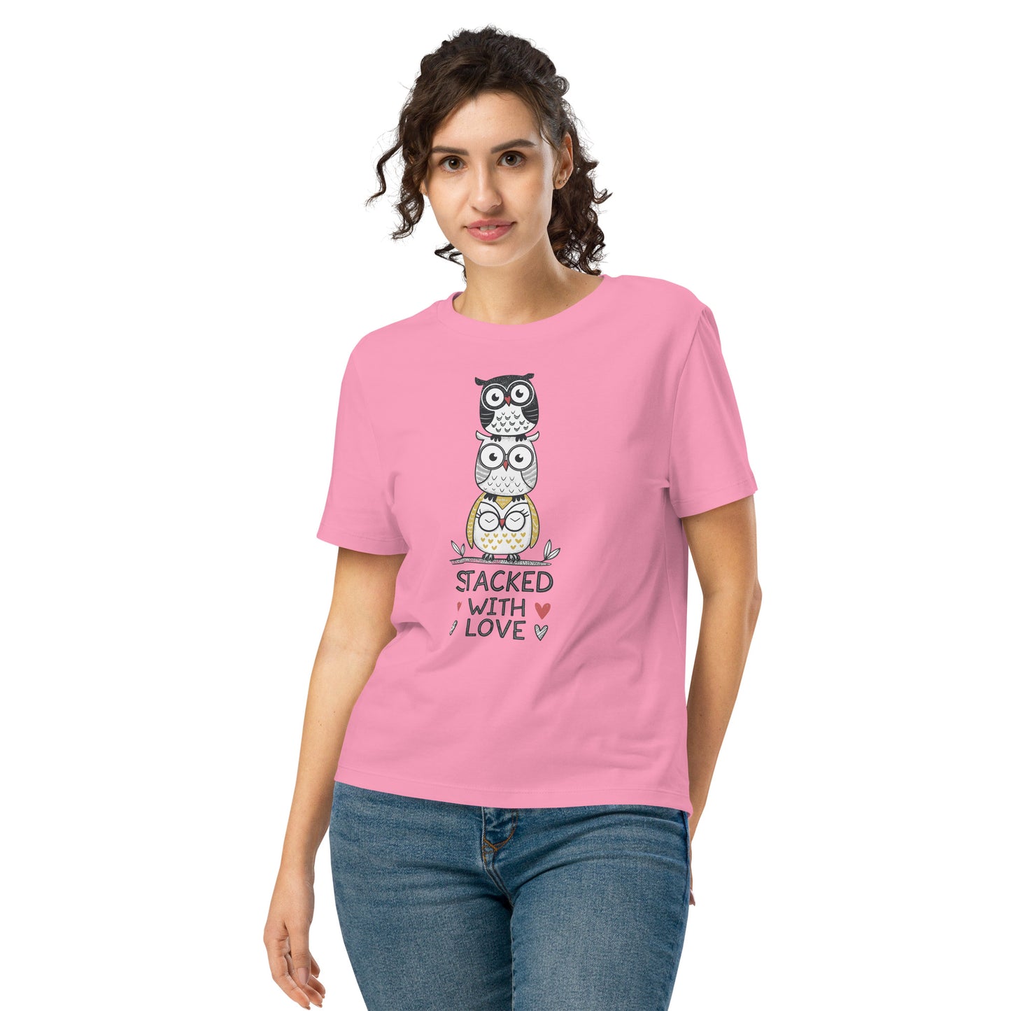Women’s Organic Ribbed Neck T-Shirt: Stacked with Love | Owl-Themed Sustainable Fashion USA by Dudeily Bubble Pink Dudeily