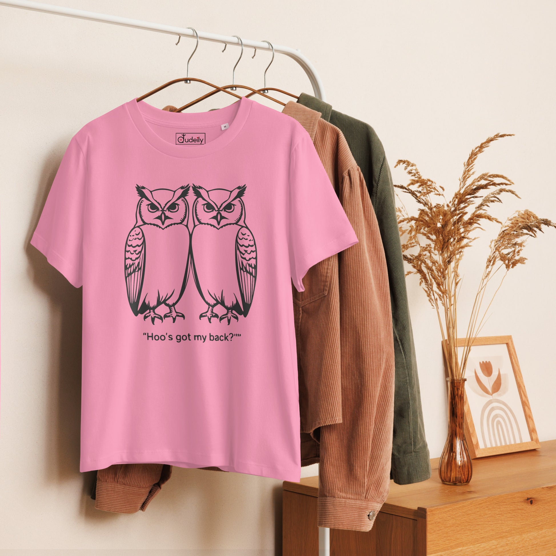 Women’s Organic Ribbed Neck T-Shirt: Hoo’s Got My Back? | Owl-Themed Sustainable Fashion USA by Dudeily Dudeily