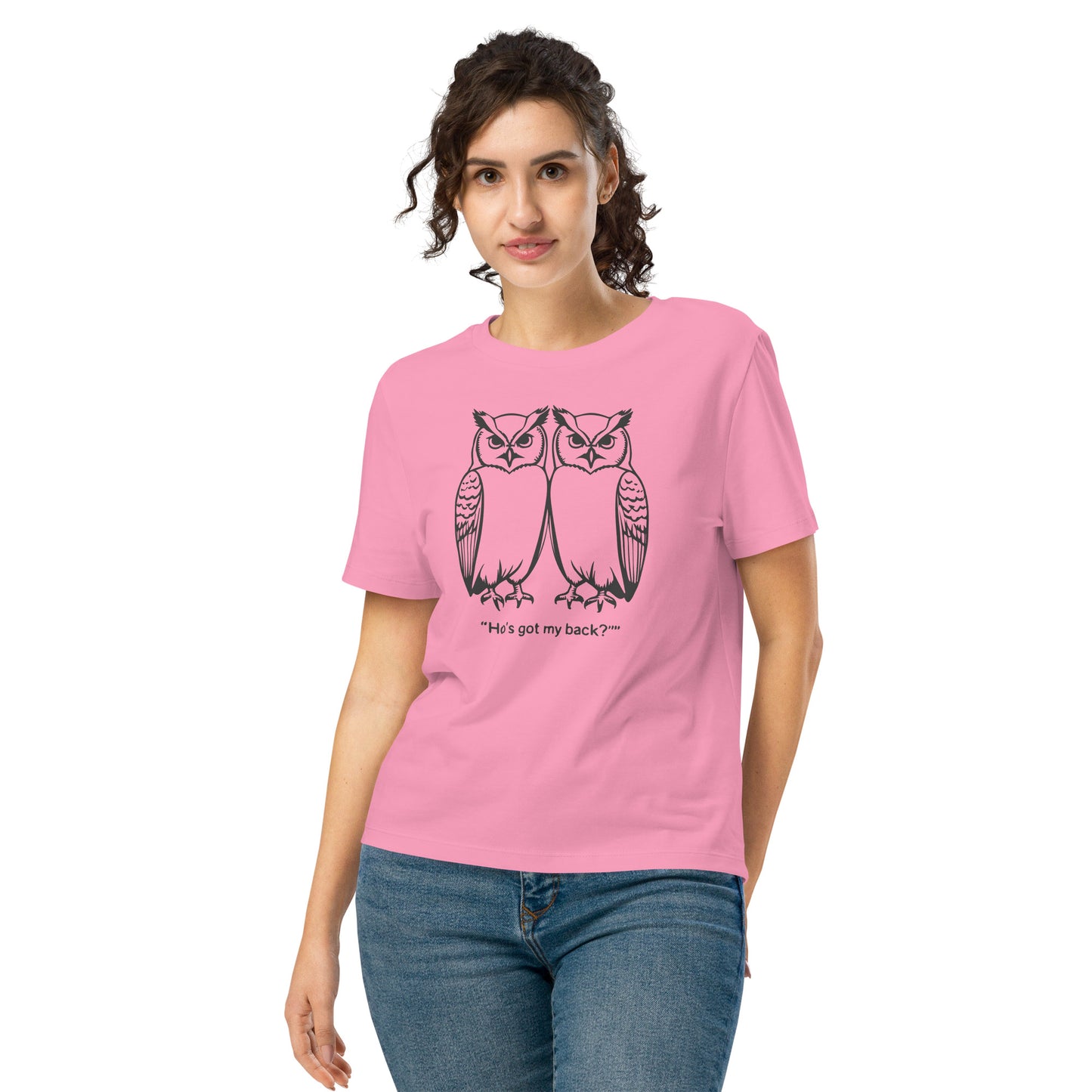 Women’s Organic Ribbed Neck T-Shirt: Hoo’s Got My Back? | Owl-Themed Sustainable Fashion USA by Dudeily Bubble Pink Dudeily