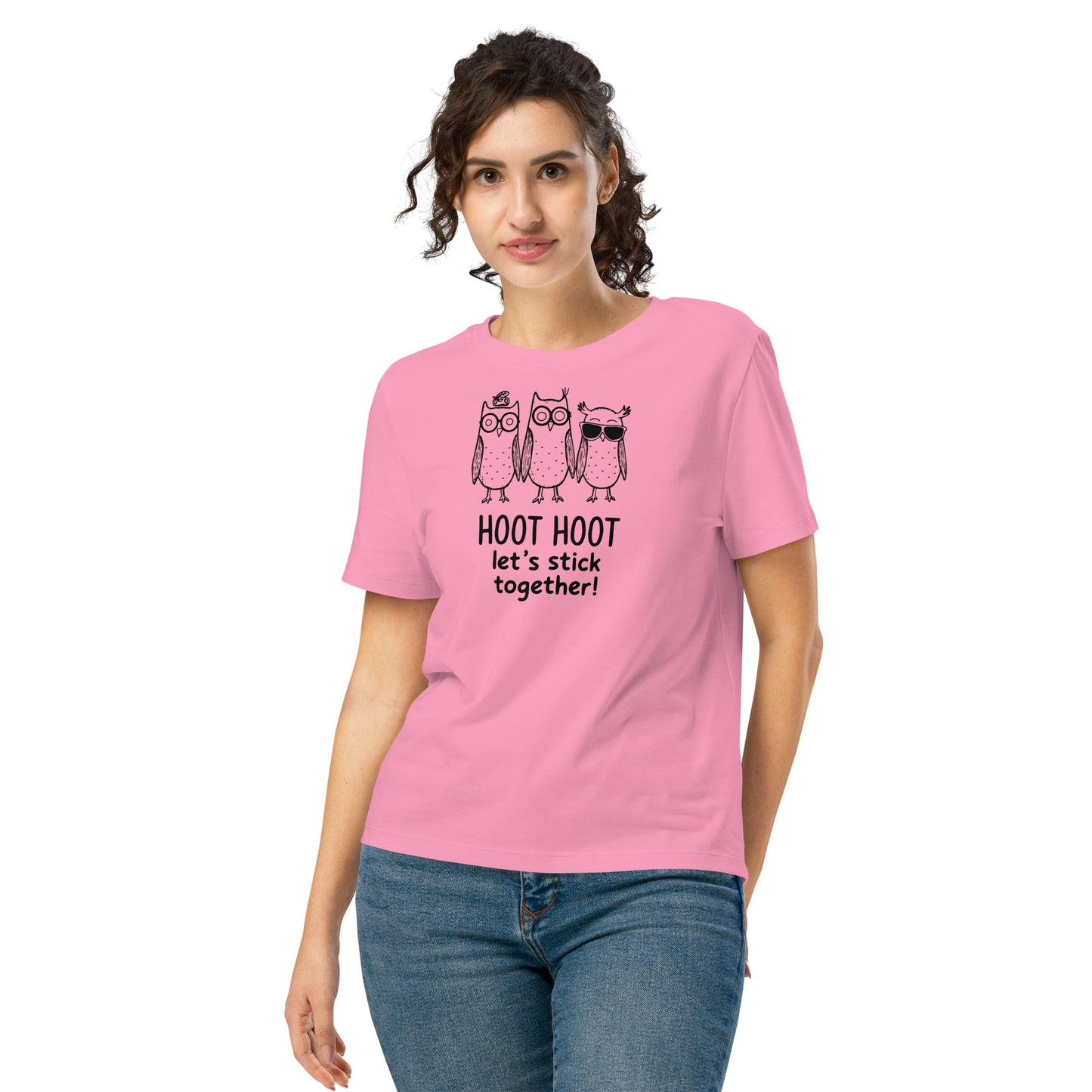 Women’s Organic Ribbed Neck T-Shirt: Hoot Hoot Let’s Stick Together! | Owl-Themed Sustainable Fashion USA by Dudeily Bubble Pink Dudeily