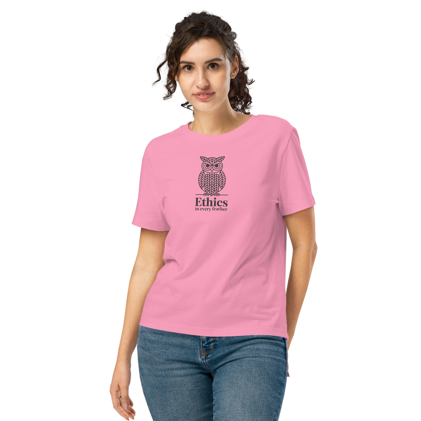 Unisex Staple Eco T-Shirt: 'Ethics in Every Feather' | Sustainable Owl Fashion USA Bubble Pink Dudeily