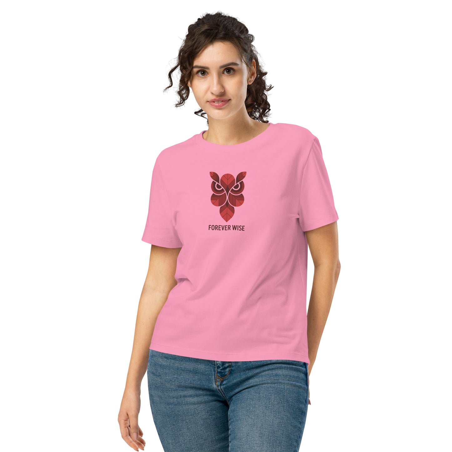 Women’s Organic Ribbed Neck T-Shirt: 'Forever Wise' | Eco-Friendly Owl Apparel USA Bubble Pink Dudeily