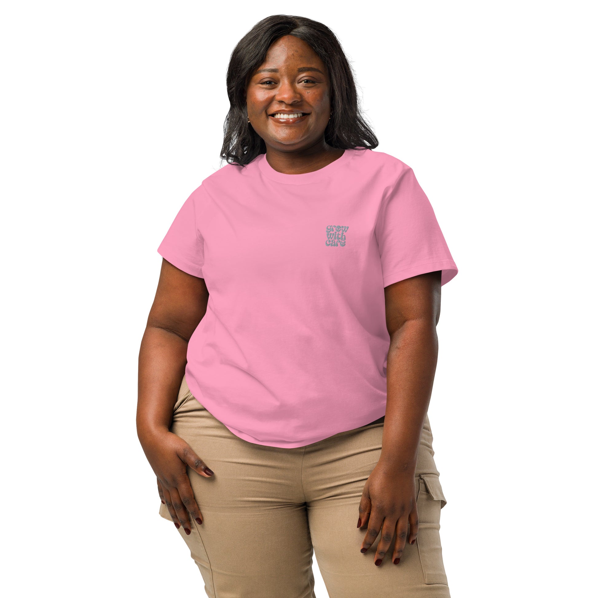 Eco-Friendly Owl Clothing Embroidered Women’s Organic Ribbed Neck T-Shirt "Grow With Care" Dudeily