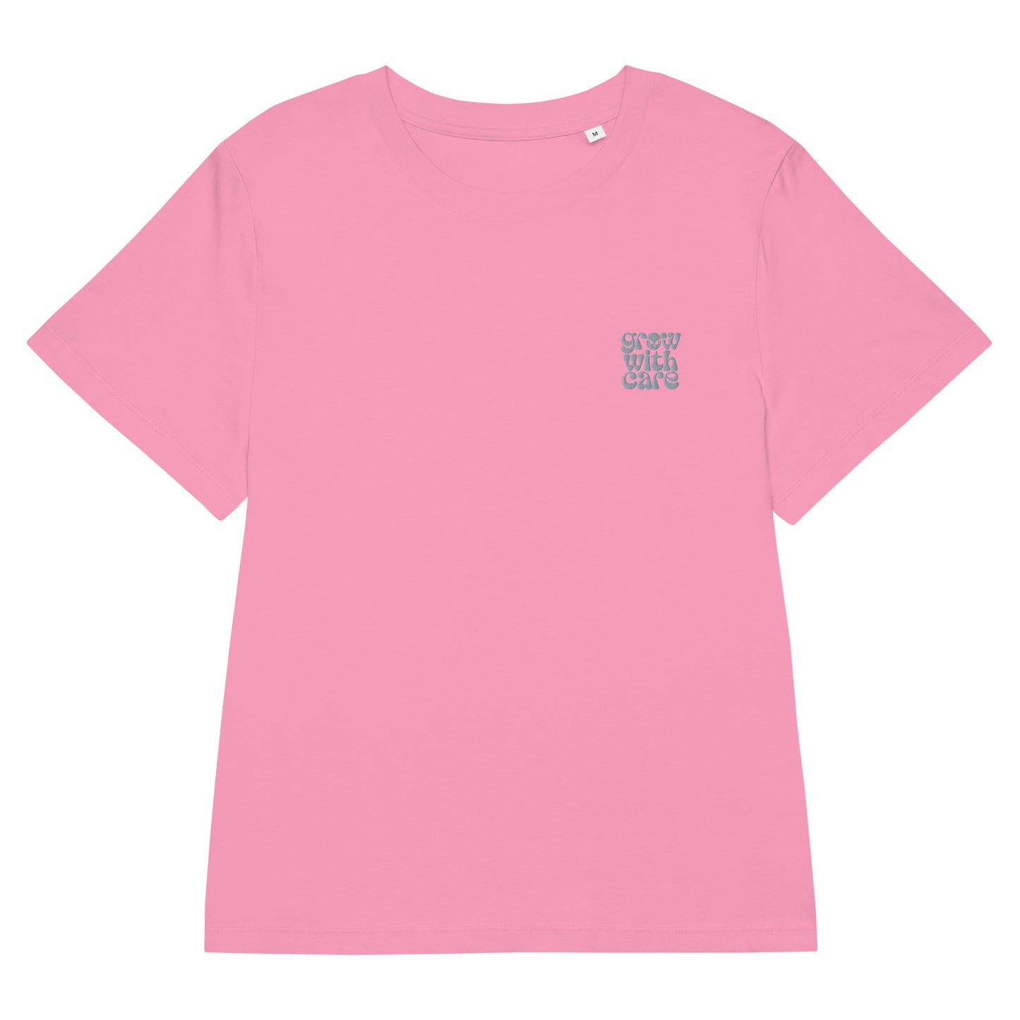 Eco-Friendly Owl Clothing Embroidered Women’s Organic Ribbed Neck T-Shirt "Grow With Care" Bubble Pink Dudeily