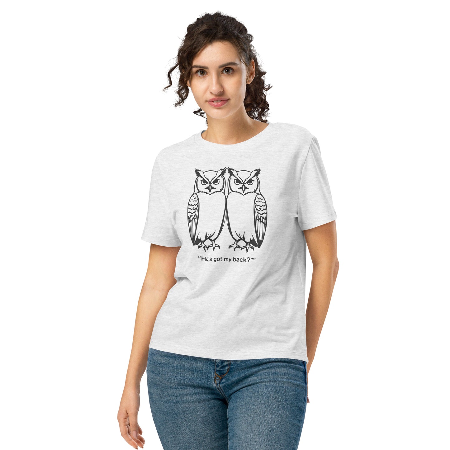 Women’s Organic Ribbed Neck T-Shirt: Hoo’s Got My Back? | Owl-Themed Sustainable Fashion USA by Dudeily Cool Heather Grey Dudeily