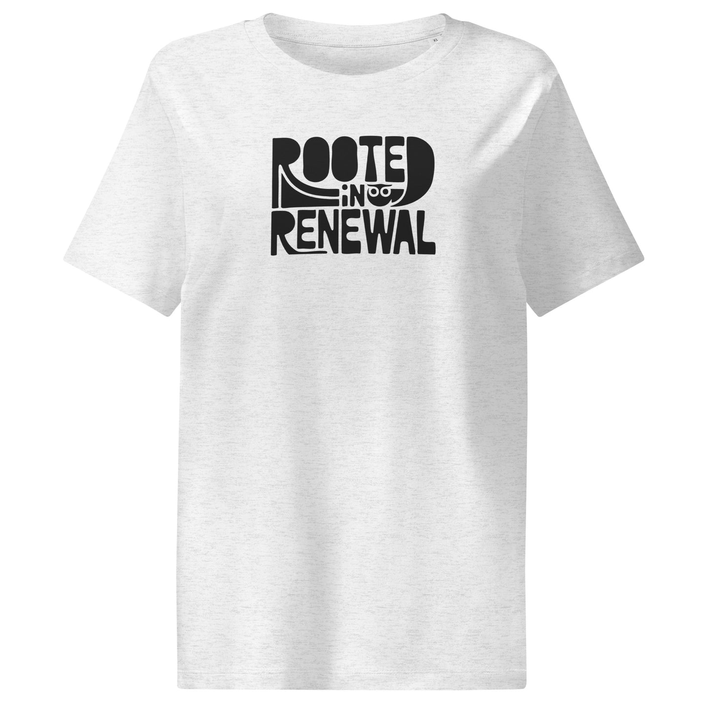 Women’s Organic Ribbed Neck T-Shirt “Rooted In Renewal” – Sustainable Owl Print Tee Cool Heather Grey Dudeily