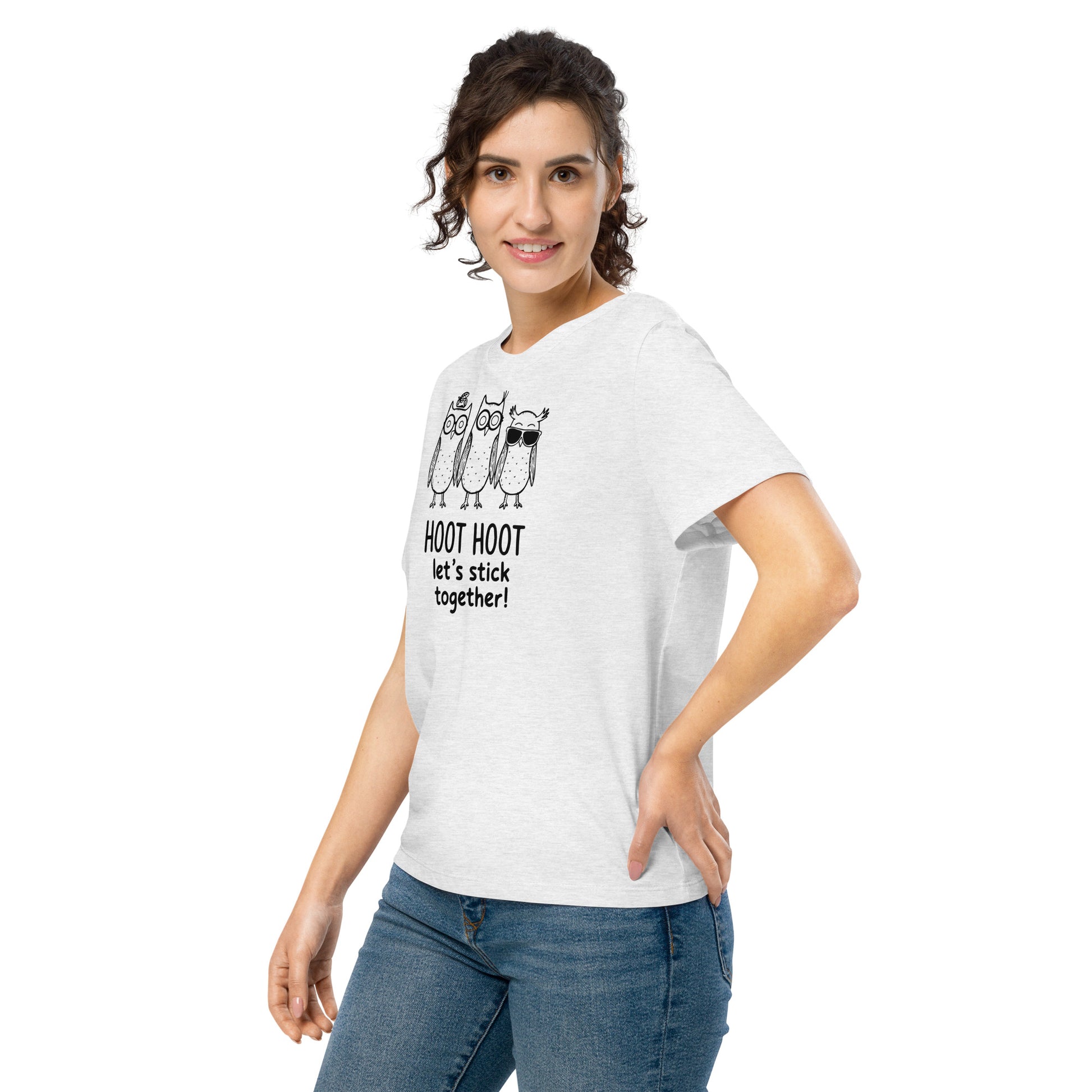 Women’s Organic Ribbed Neck T-Shirt: Hoot Hoot Let’s Stick Together! | Owl-Themed Sustainable Fashion USA by Dudeily Dudeily