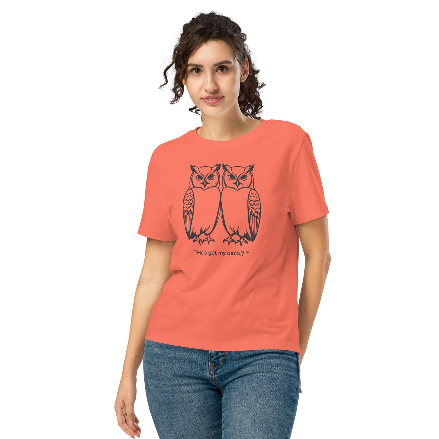 Women’s Organic Ribbed Neck T-Shirt: Hoo’s Got My Back? | Owl-Themed Sustainable Fashion USA by Dudeily Fiesta Dudeily