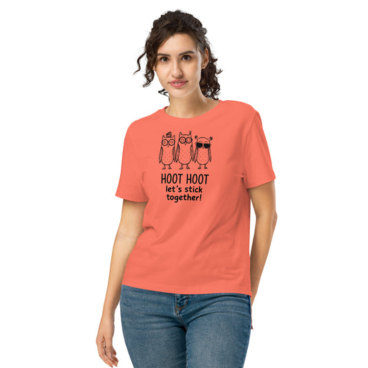 Women’s Organic Ribbed Neck T-Shirt: Hoot Hoot Let’s Stick Together! | Owl-Themed Sustainable Fashion USA by Dudeily Fiesta Dudeily