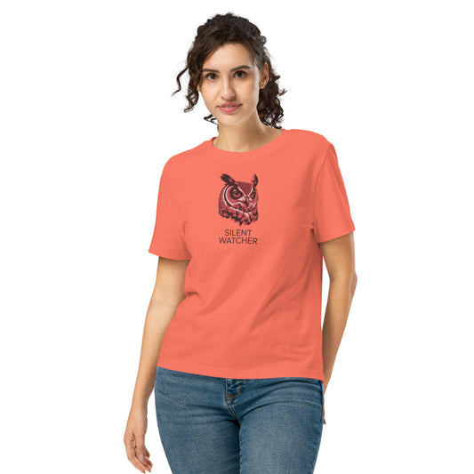 Women’s Organic Ribbed Neck T-Shirt: 'Silent Watcher' | Ethical Owl Clothing USA Fiesta Dudeily