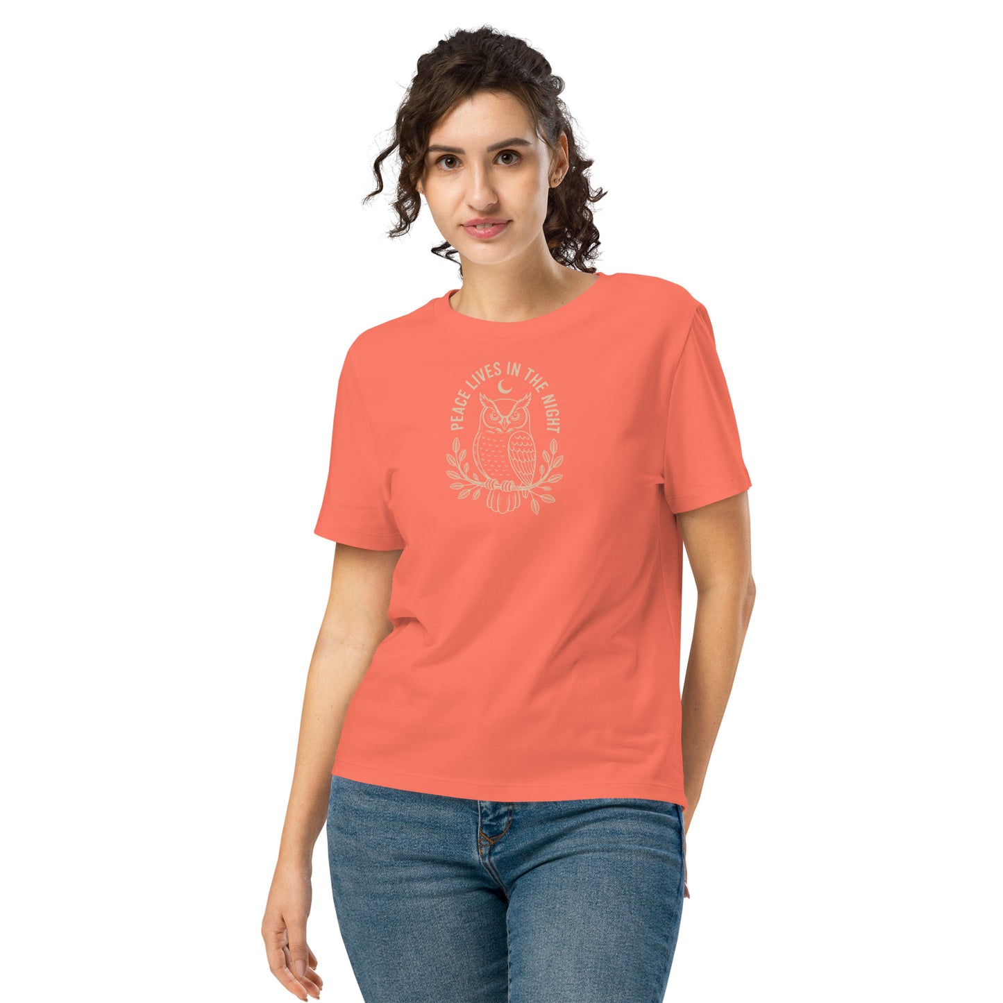Women’s Organic Ribbed Neck T-Shirt: 'Peace in the Night' in Fall | Sustainable Owl Fashion USA Fiesta Dudeily