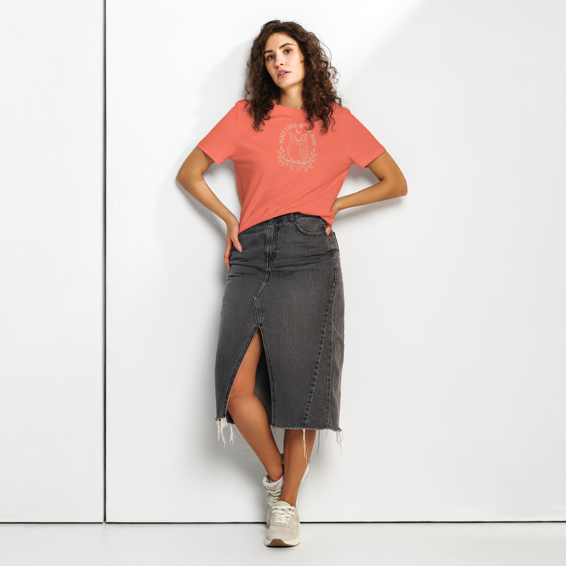 Women’s Organic Ribbed Neck T-Shirt: 'Peace in the Night' in Fall | Sustainable Owl Fashion USA Dudeily