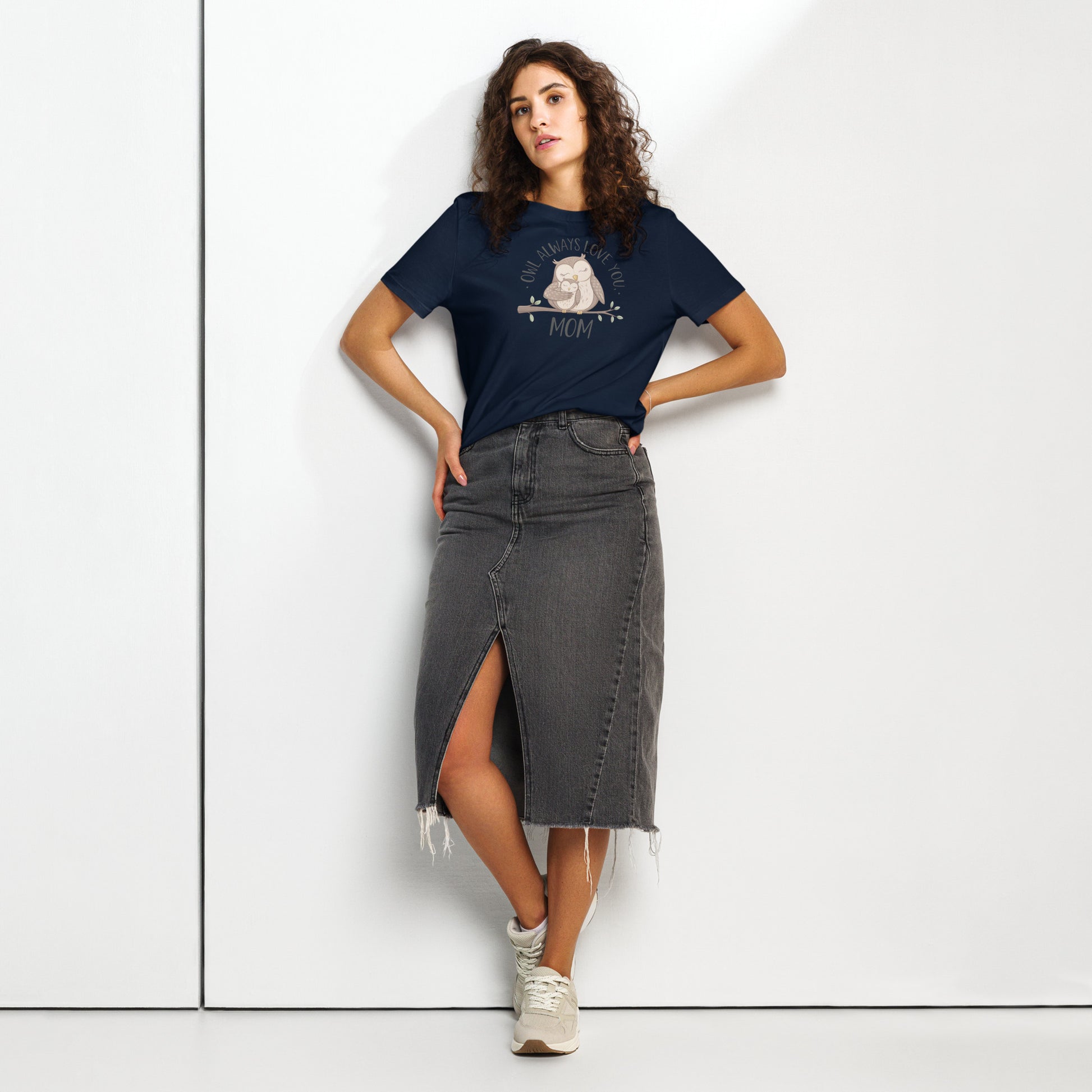 Women’s Organic Ribbed Neck T-Shirt – Owl Design Eco Tee French Navy Dudeily