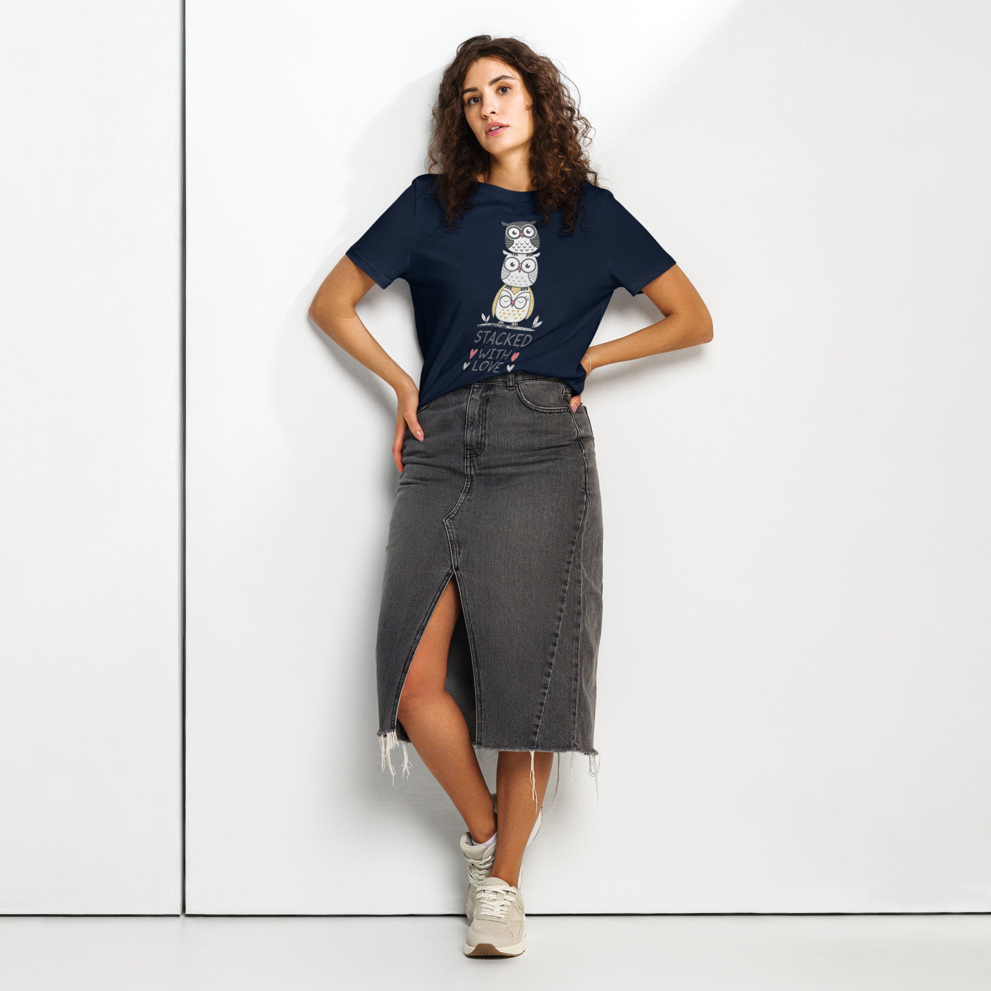 Women’s Organic Ribbed Neck T-Shirt: Stacked with Love | Owl-Themed Sustainable Fashion USA by Dudeily Dudeily