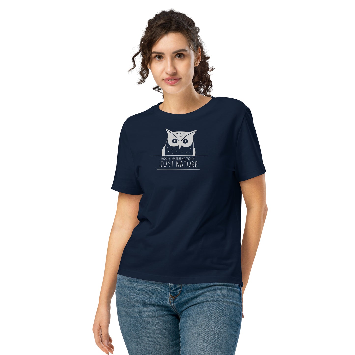 Ribbed Neck T-Shirt: 'Hoo’s Watching You? Just Nature' in Fall | Sustainable Owl Fashion USA French Navy Dudeily