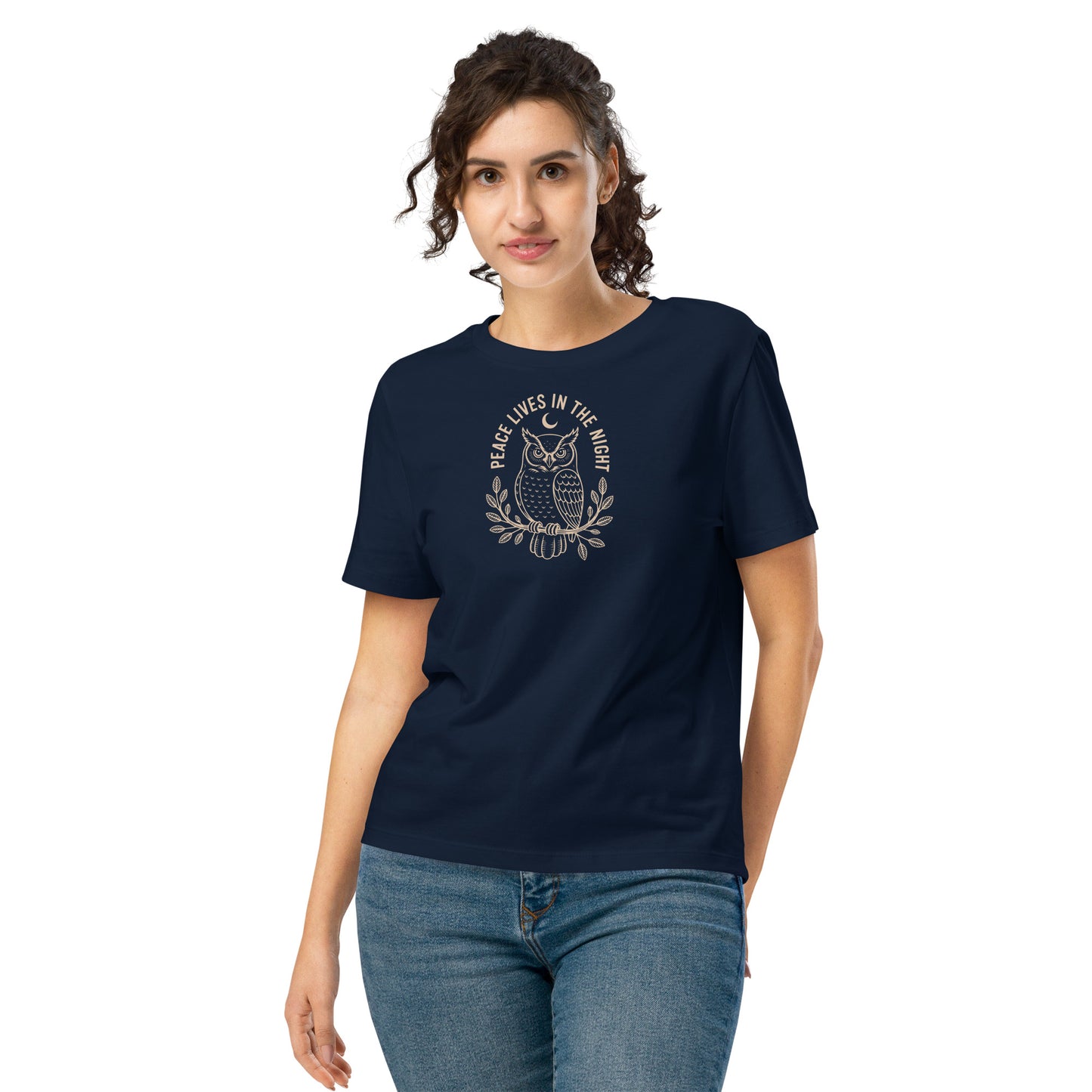 Women’s Organic Ribbed Neck T-Shirt: 'Peace in the Night' in Fall | Sustainable Owl Fashion USA French Navy Dudeily