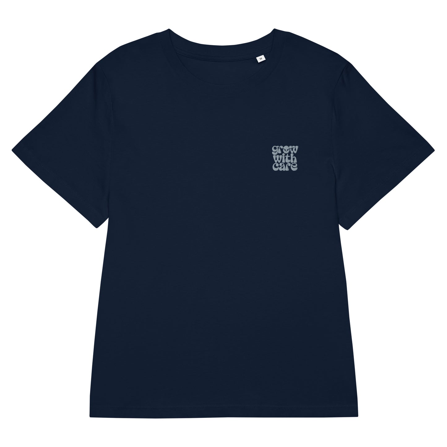 Eco-Friendly Owl Clothing Embroidered Women’s Organic Ribbed Neck T-Shirt "Grow With Care" French Navy Dudeily