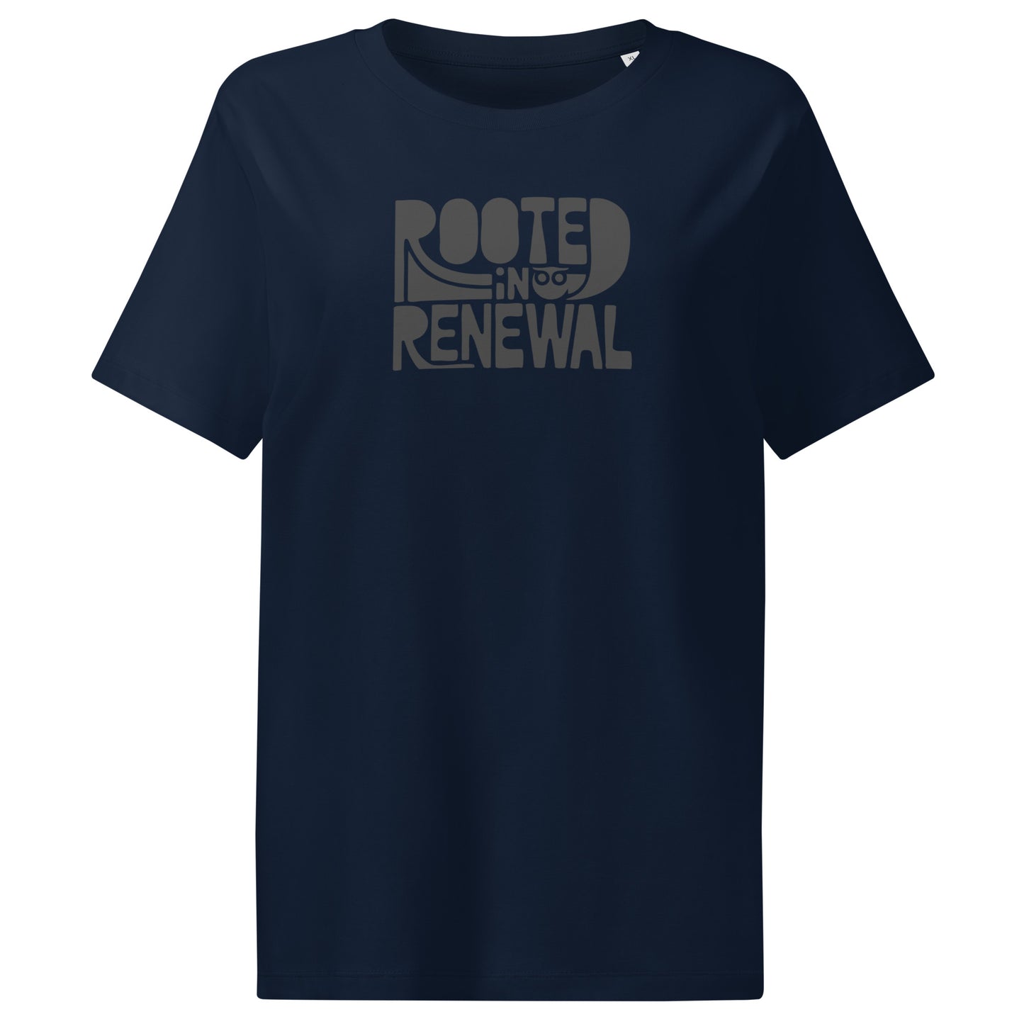 Women’s Organic Ribbed Neck T-Shirt “Rooted In Renewal” – Sustainable Owl Print Tee French Navy Dudeily