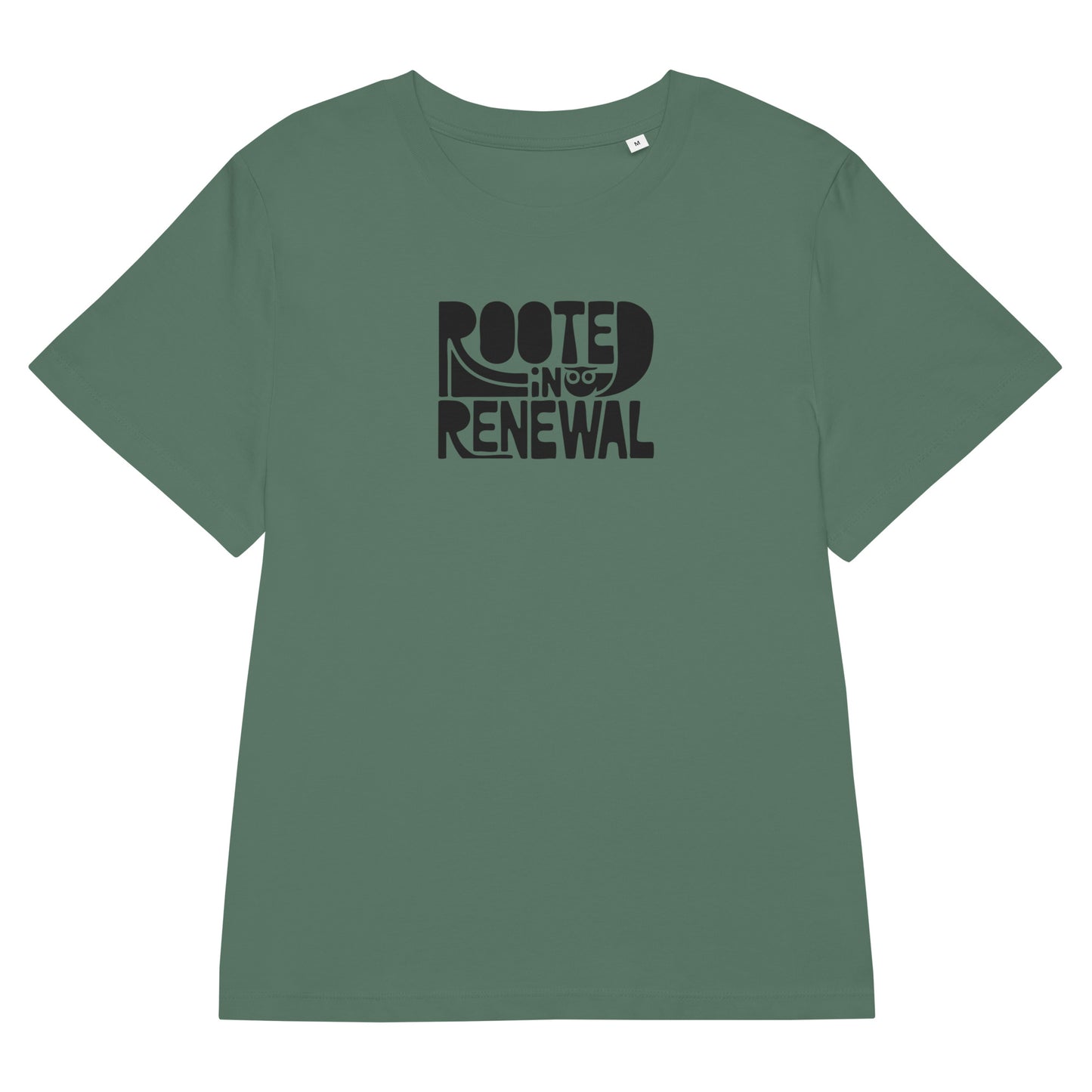 Women’s Organic Ribbed Neck T-Shirt “Rooted In Renewal” – Sustainable Owl Print Tee Dudeily