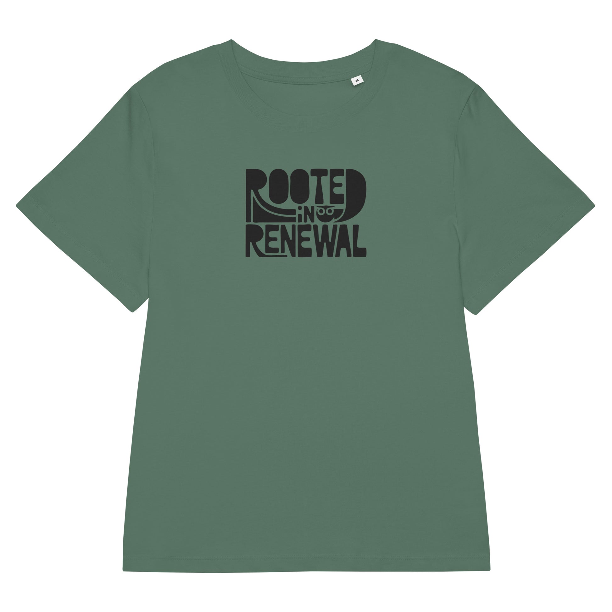 Women’s Organic Ribbed Neck T-Shirt “Rooted In Renewal” – Sustainable Owl Print Tee Dudeily