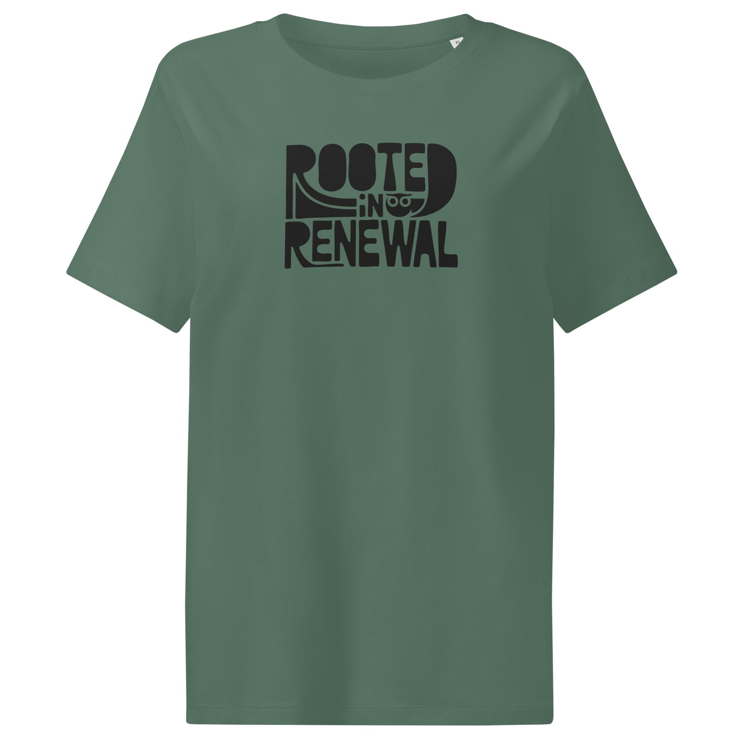 Women’s Organic Ribbed Neck T-Shirt “Rooted In Renewal” – Sustainable Owl Print Tee Green Bay Dudeily