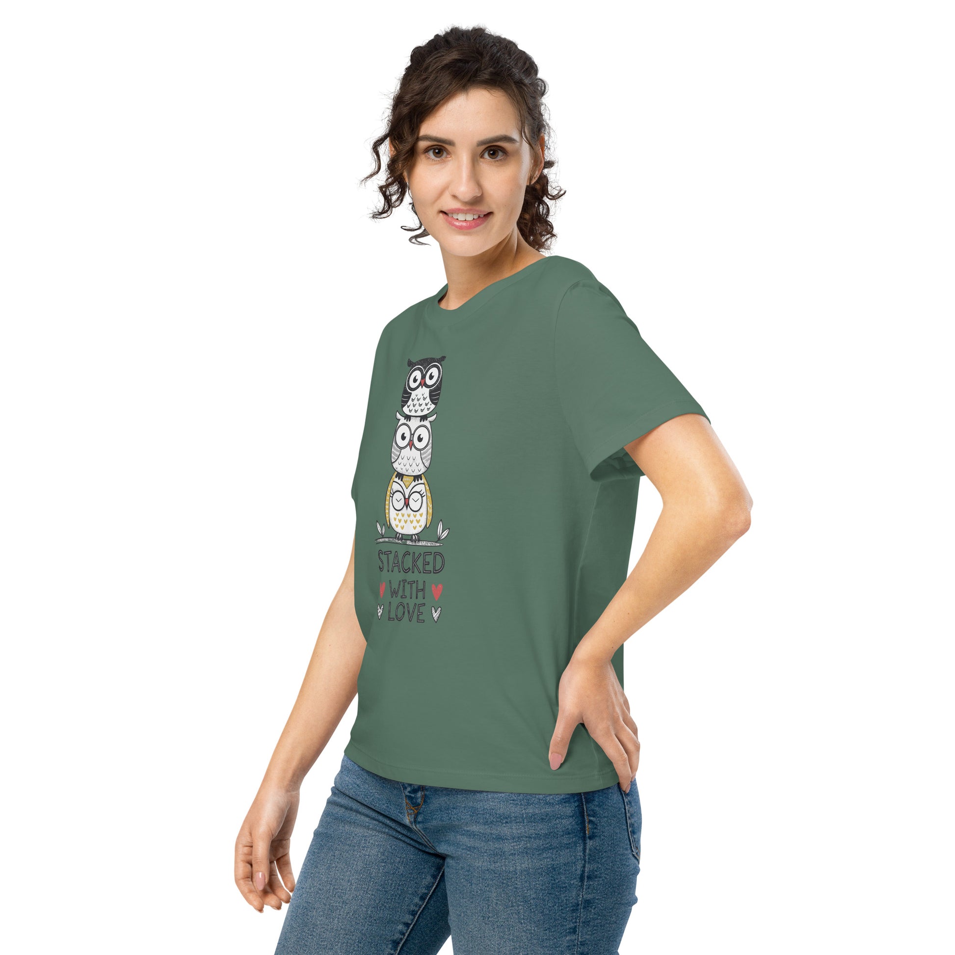 Women’s Organic Ribbed Neck T-Shirt: Stacked with Love | Owl-Themed Sustainable Fashion USA by Dudeily Dudeily
