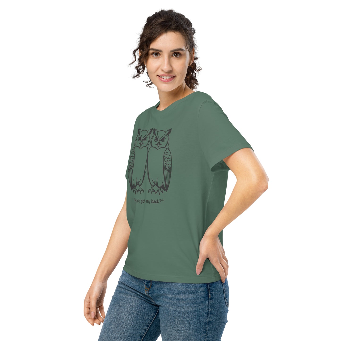 Women’s Organic Ribbed Neck T-Shirt: Hoo’s Got My Back? | Owl-Themed Sustainable Fashion USA by Dudeily Dudeily